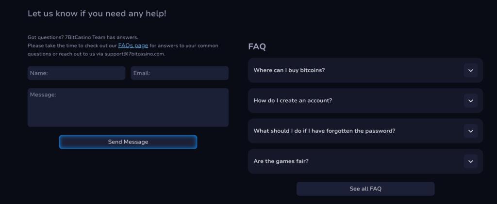 7Bit Casino support page with a contact form, the support email address and a short FAQ list