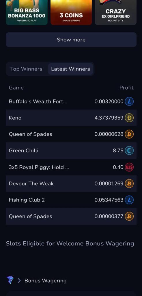 7Bit Casino mobile site on a phone screen showing the latest winners feed and the bonus wagering panel