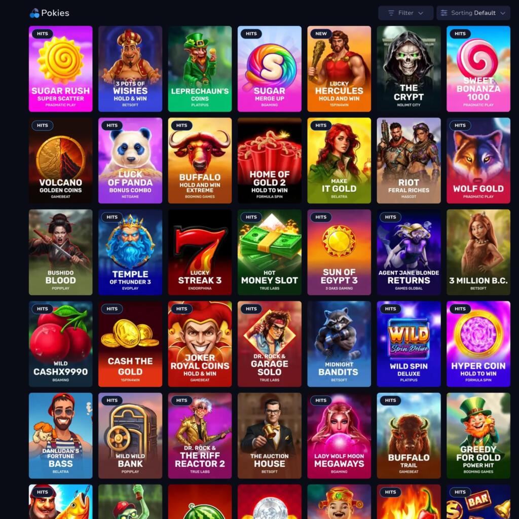 7Bit Casino pokies lobby showing a grid of slot titles including Sugar Rush, Sweet Bonanza 1000 and Wolf Gold