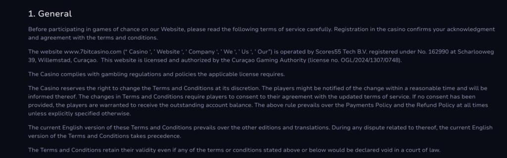 7Bit Casino terms and conditions naming ScoresS5 Tech B.V. of Willemstad, Curaçao as the operating company