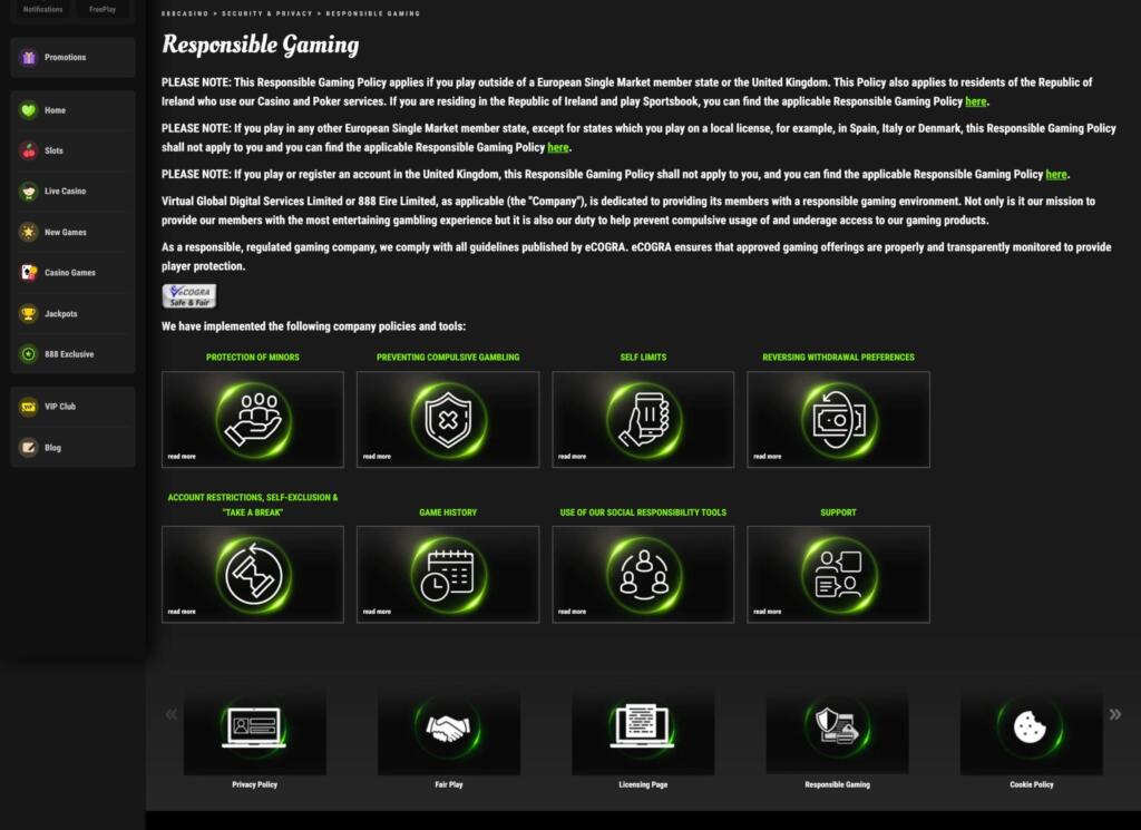 888 Casino responsible gaming page listing tools such as self-limits, account restrictions and self-exclusion