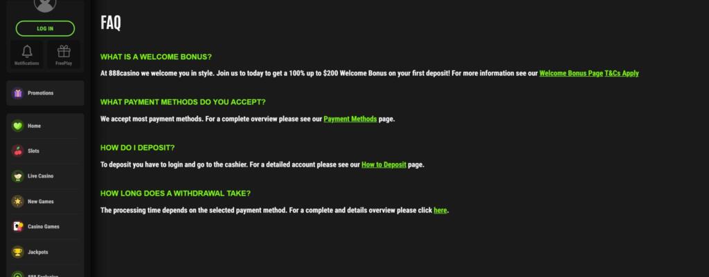 888 Casino help page with FAQ entries about the welcome bonus, payment methods, deposits and withdrawal times