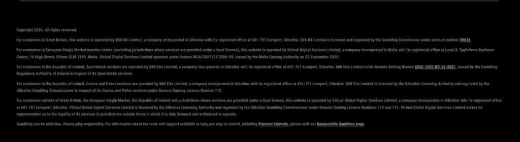 888 Casino footer licensing text listing its Gambling Commission, Malta Gaming Authority and Gibraltar licences