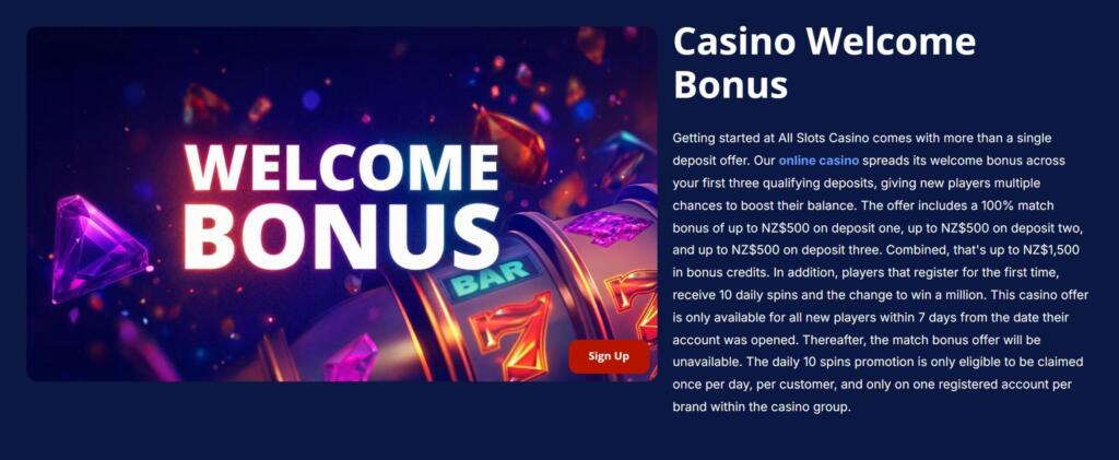 All Slots Casino welcome bonus page describing a 100% match up to NZ$500 on each of the first three deposits