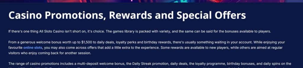 All Slots Casino promotions page text headed Casino Promotions, Rewards and Special Offers