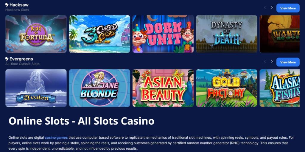 All Slots Casino games page showing Hacksaw and Evergreens slot rows above an online slots description