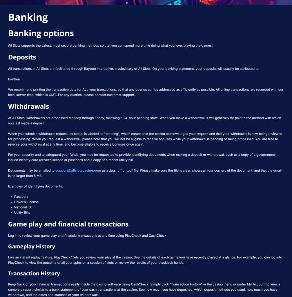 All Slots Casino banking page explaining deposits via Baytree, the 24-hour withdrawal pending period and identity documents