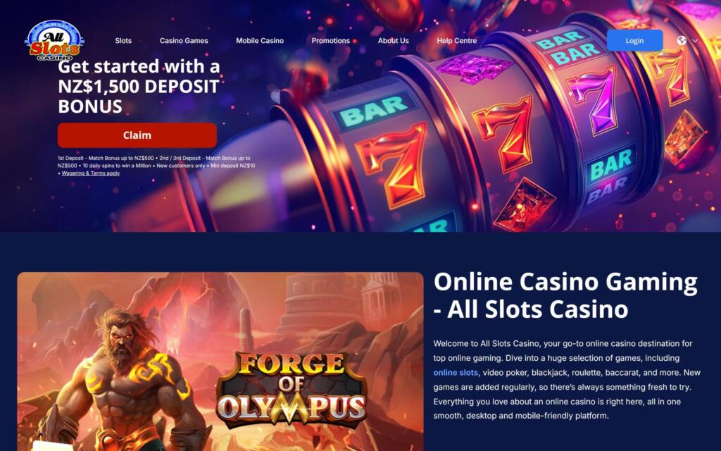 All Slots Casino homepage with a NZ$1,500 deposit bonus banner and the Online Casino Gaming introduction