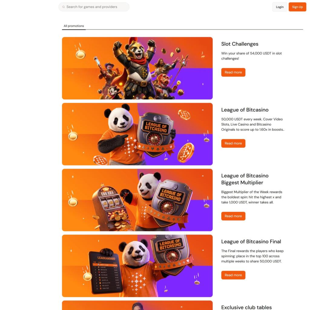 Bitcasino promotions page listing Slot Challenges, League of Bitcasino and exclusive club table offers