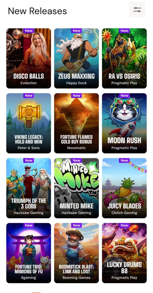 Bitcasino mobile site showing the New Releases games grid on a phone screen