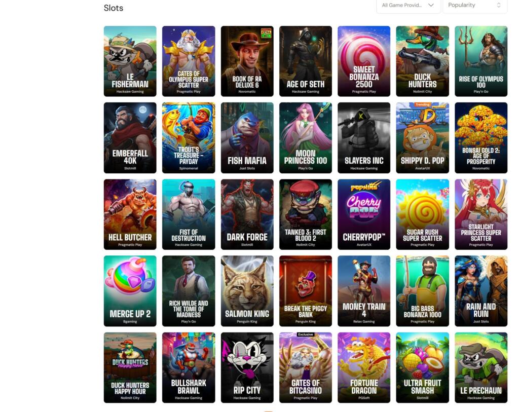 Bitcasino slots lobby showing a grid of game tiles from providers such as Hacksaw Gaming, Pragmatic Play and Nolimit City