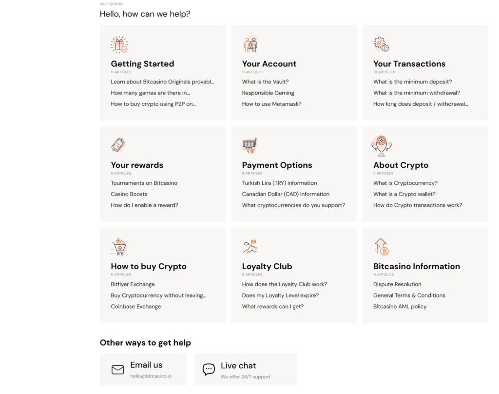 Bitcasino help centre with topic cards for getting started, your account, transactions, rewards, payment options and crypto