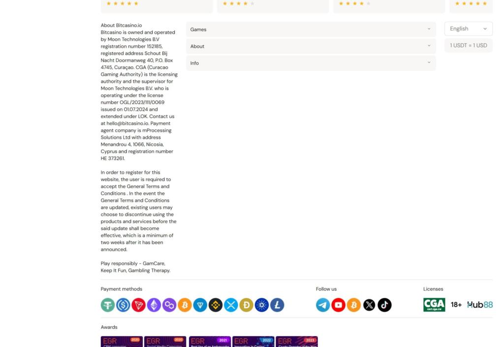 Bitcasino footer stating it is owned by Moon Technologies B.V. and licensed by the Curaçao Gaming Authority, with payment and licence logos