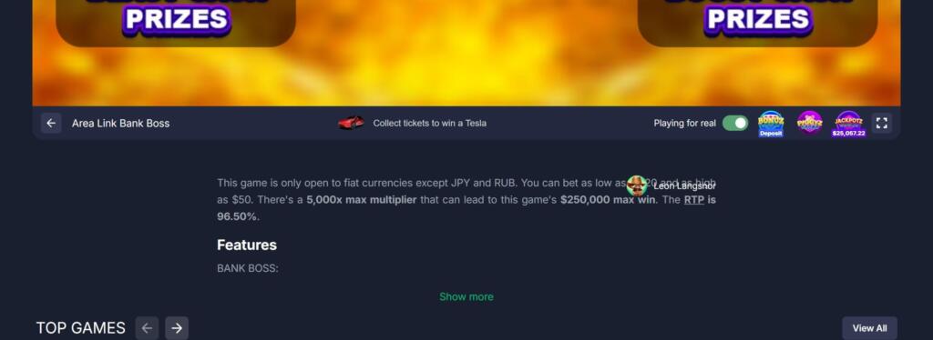 BitStarz game page for Area Link Bank Boss noting the game is only open to fiat currencies except JPY and RUB
