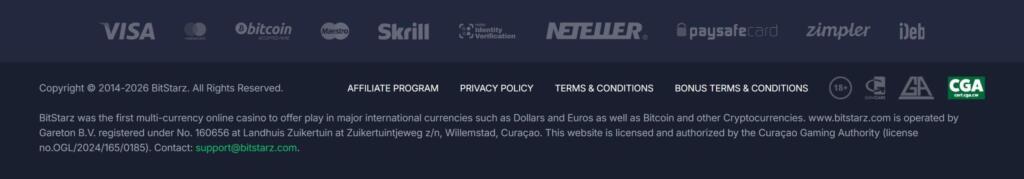 BitStarz footer with payment logos for Visa, Bitcoin, Skrill, Neteller and Paysafecard above the Curaçao licence text