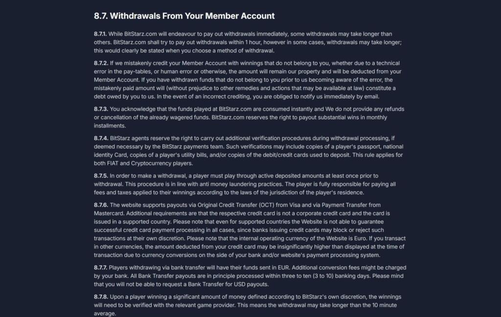 BitStarz terms section 8.7 on withdrawals, covering verification, EUR bank transfers and e-wallet payouts for USD deposits