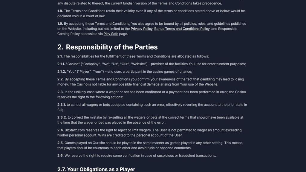 BitStarz terms and conditions section 2 on the responsibilities of the parties and player obligations