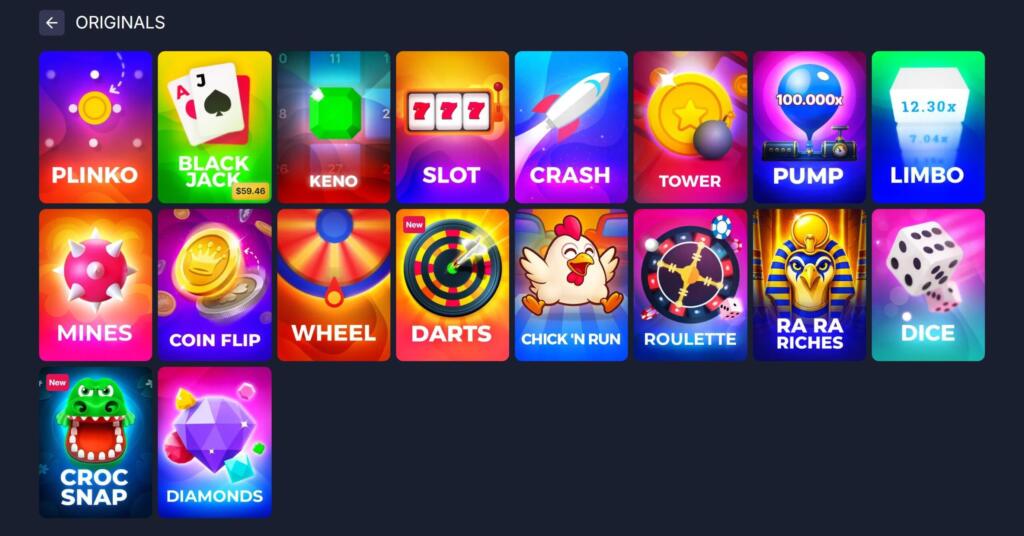 BitStarz Originals games lobby with Plinko, Blackjack, Keno, Crash, Mines, Roulette and Dice tiles