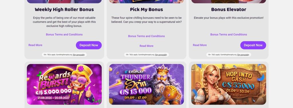 Boo Casino promotions including Weekly High Roller Bonus, Pick My Bonus, Bonus Elevator and tournament banners