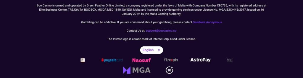 Boo Casino footer stating it is operated by Green Feather Online Limited under Malta Gaming Authority licence MGA/B2C/445/2017