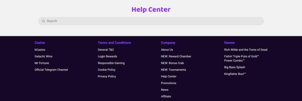 Boo Casino help centre search box with the footer link columns for casino, terms and conditions, company and games