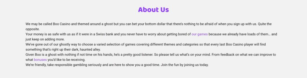 Boo Casino About Us page describing the ghost-themed casino, its games and bonuses