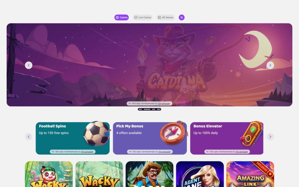 Boo Casino lobby with a Catdiana banner, Football Spins, Pick My Bonus and Bonus Elevator promotion cards and game tiles