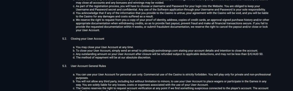 Brango Casino terms section on closing a user account, refunds of balances and account verification