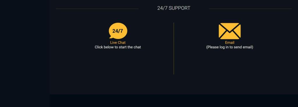 Brango Casino support page offering 24/7 live chat and email, with the footer navigation beneath