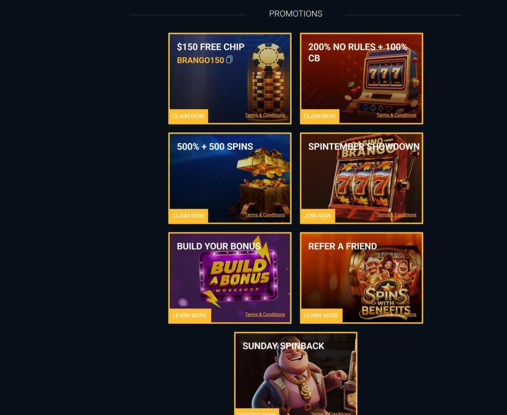 Brango Casino promotions page with a $150 free chip, 200% no-rules bonus, 500% plus 500 spins and refer-a-friend offers