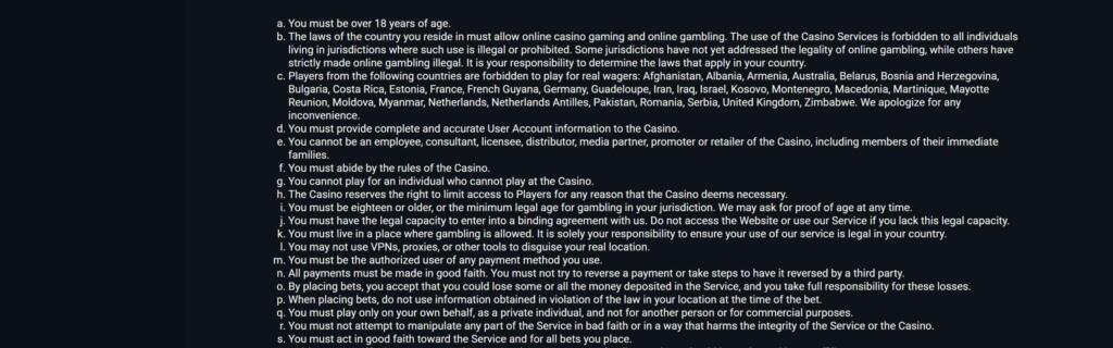 Brango Casino general terms listing eligibility rules including the minimum age of 18 and restricted countries