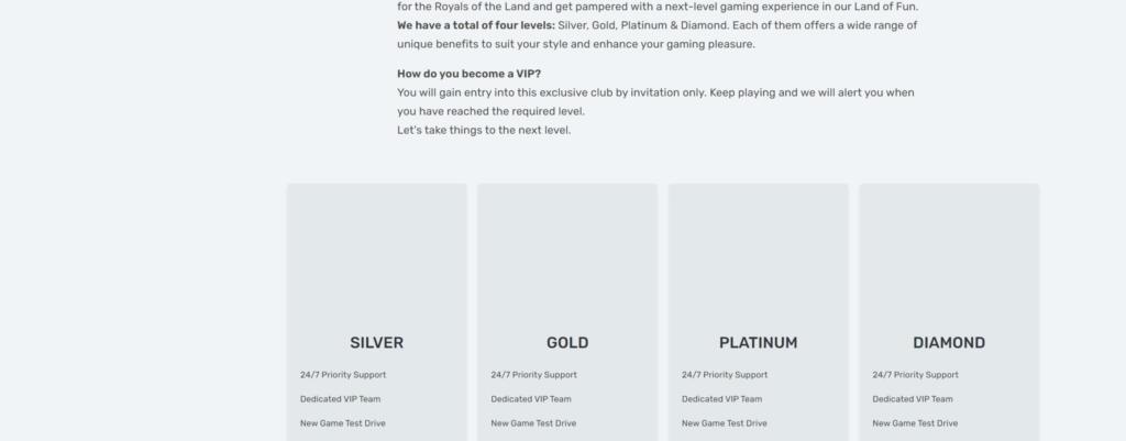 Casilando VIP loyalty scheme page showing the Silver, Gold, Platinum and Diamond levels
