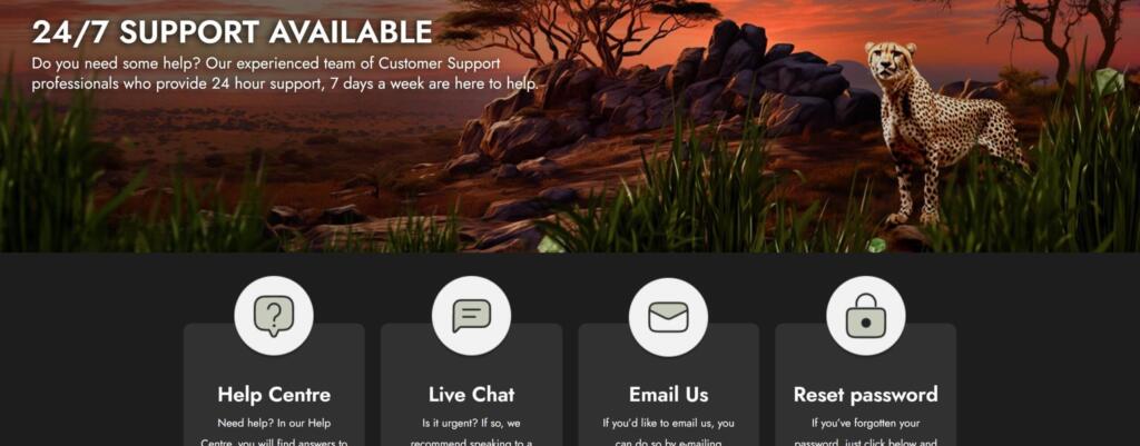 Casimba Casino support page advertising 24/7 support with Help Centre, Live Chat, Email Us and Reset password options