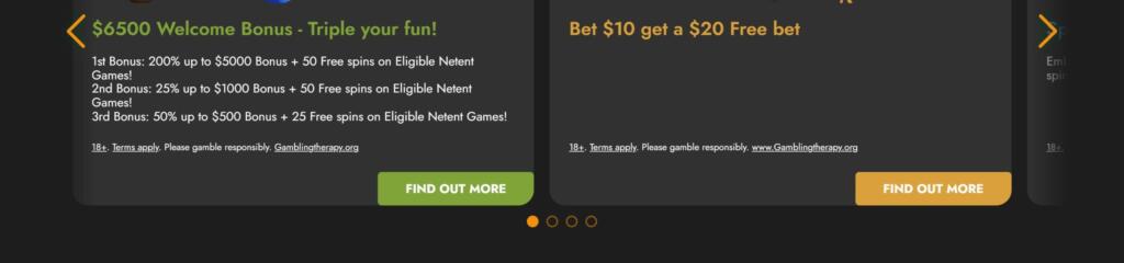 Casimba Casino promotions carousel showing a $6,500 welcome bonus split across three deposits and a bet $10 get $20 offer