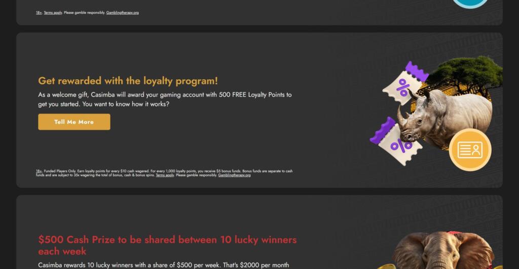 Casimba Casino loyalty program banner offering 500 free loyalty points and a $500 weekly cash prize promotion