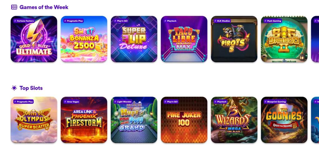 Casumo lobby showing Games of the Week and Top Slots rows including Gates of Olympus and Sweet Bonanza