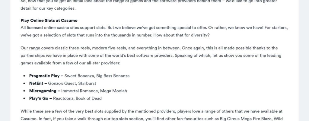 Casumo website text promoting its online slots and naming providers such as Pragmatic Play, NetEnt, Microgaming and Play'n GO
