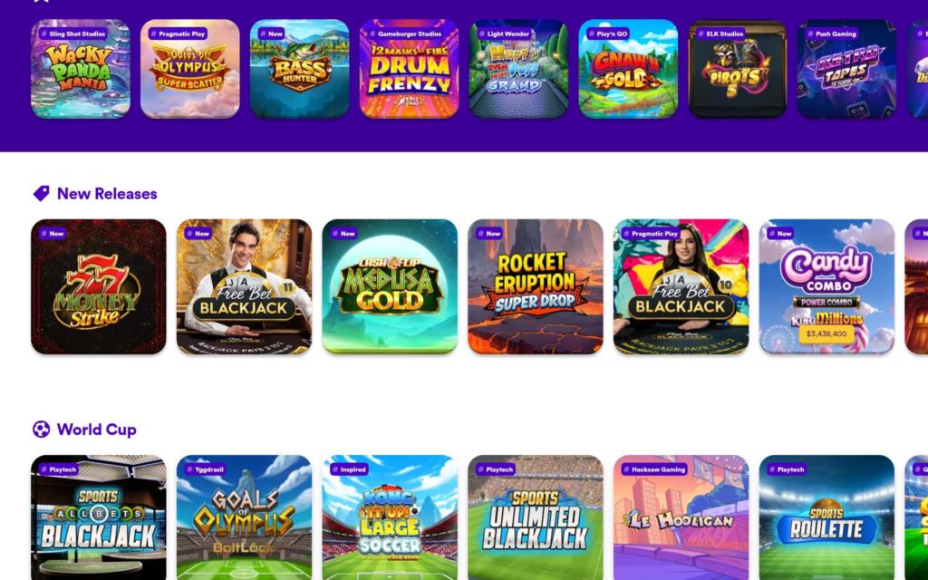 Casumo lobby with New Releases and World Cup themed game rows