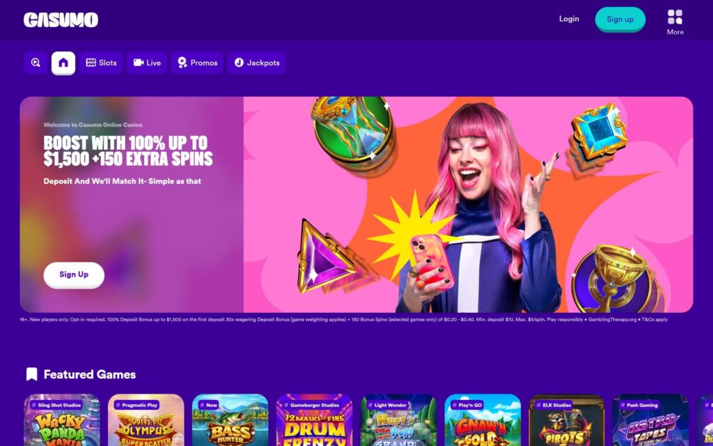 Casumo homepage with a 100% up to $1,500 plus 150 extra spins welcome banner and a featured games row