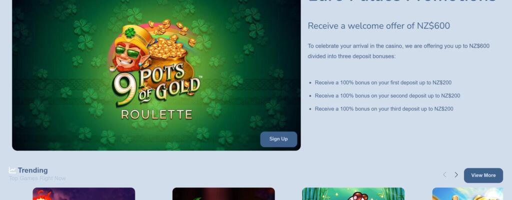 Euro Palace Promotions page describing a welcome offer of NZ$600 split across three deposits