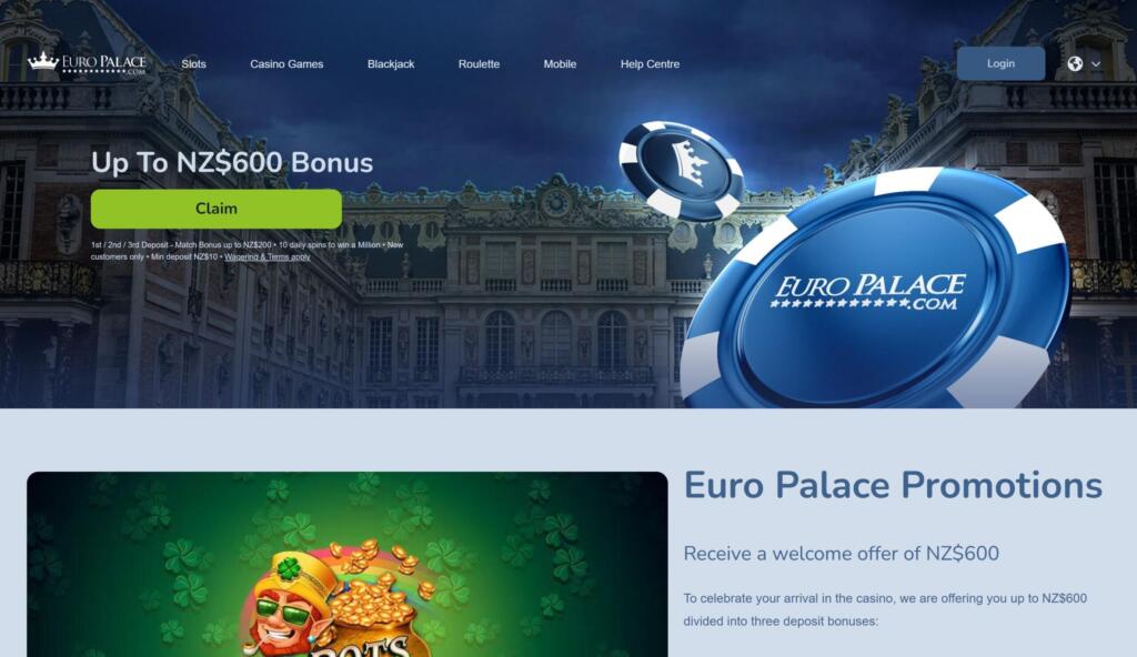 Euro Palace Casino homepage banner offering up to NZ$600 bonus with a Claim button, above the Euro Palace Promotions section