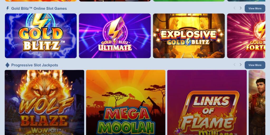 Euro Palace Casino games page with Gold Blitz online slot games and Progressive Slot Jackpots rows