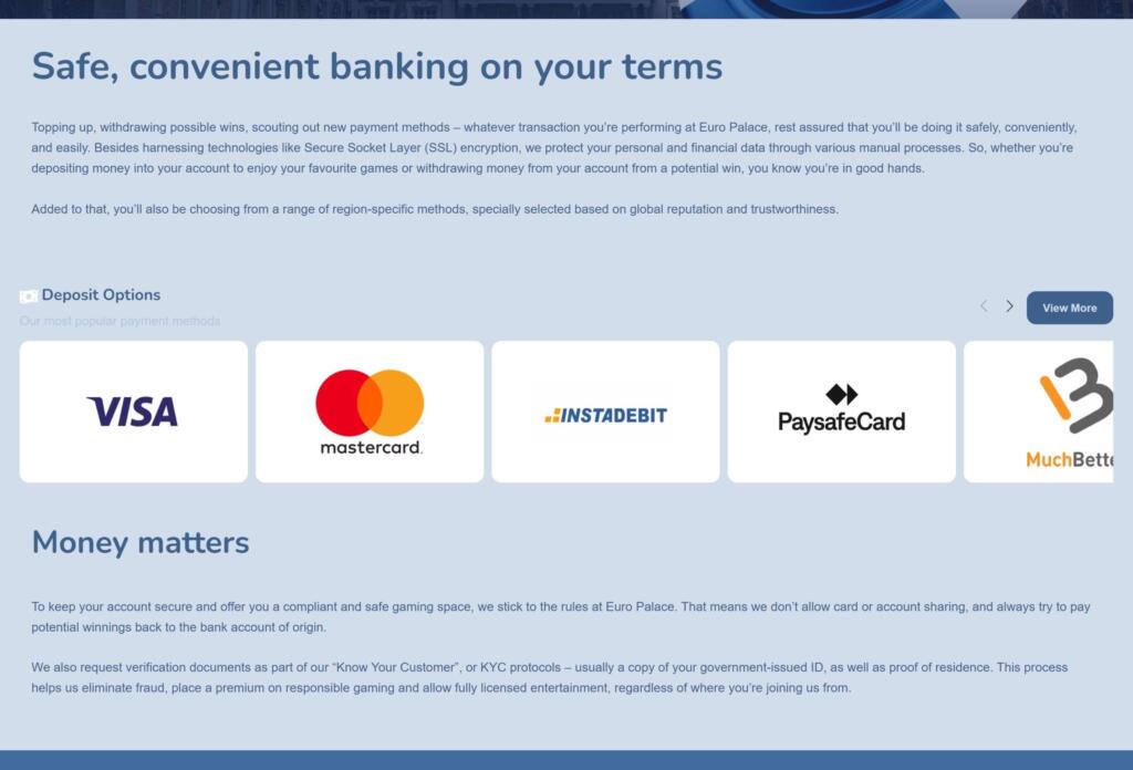 Euro Palace Casino banking page headed Safe, convenient banking on your terms, with Visa, Mastercard, Instadebit, Paysafecard and MuchBetter