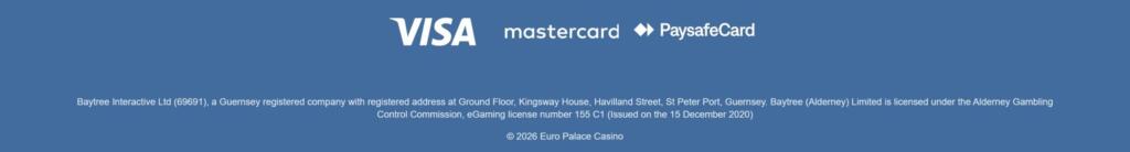 Euro Palace Casino footer naming Baytree Interactive Ltd of Guernsey and the Alderney Gambling Control Commission licence