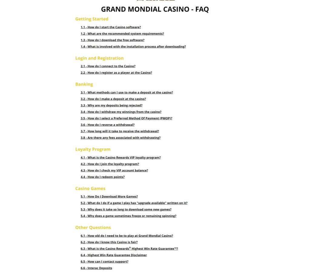 Grand Mondial Casino FAQ page listing questions on getting started, login, banking, loyalty program and casino games