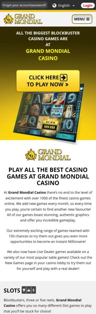 Grand Mondial Casino mobile site on a phone screen with a click here to play now button and slot artwork