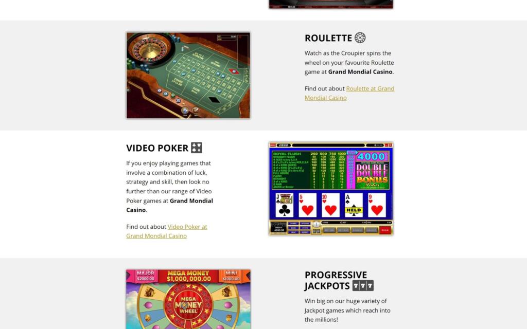 Grand Mondial Casino games page sections for roulette, video poker and progressive jackpots
