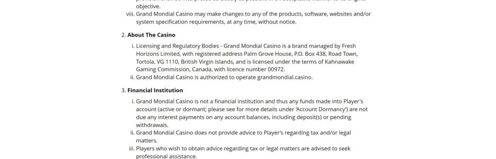 Grand Mondial Casino terms stating the brand is managed by Fresh Horizons Limited under Kahnawake Gaming Commission licence 00972