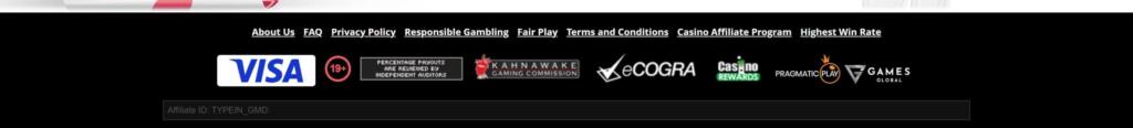 Grand Mondial Casino footer with Visa, 18+, Kahnawake Gaming Commission and eCOGRA logos
