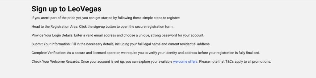 LeoVegas sign-up guide listing the registration steps including identity and address verification
